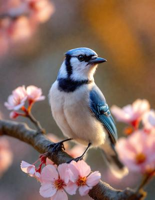 The primary subject of the image is a blue and white bird perched on a branch with pink flowers. The bird is the focal point of the scene, and it appears to be looking at the camera. The setting is a natural environment with the bird sitting on a tree branch surrounded by pink flowers. The visual style of the image is a close-up of the bird, capturing its details and colors. The colors and mood of the image are vibrant and lively, with the pink flowers and blue and white
